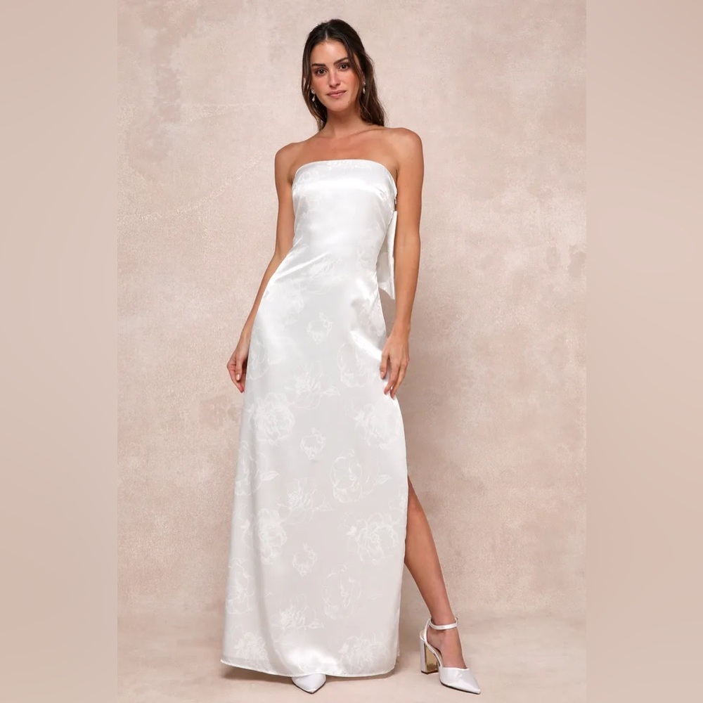 Lulu’s Avid Elegance Ivory Satin Jacquard Strapless Bow Maxi Dress - Size Medium